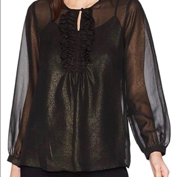 Nanette Lepore black with gold shimmer long sleeve ruffle front sheer blouse - Picture 1 of 5